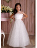 Ivory Heart Print Tulle Pearl Embellished Flower Girl Dress